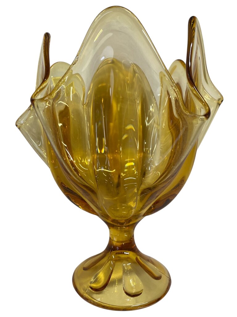 MCM Viking Epic 6 Petal Amber Glass Handkerchief Footed Compote