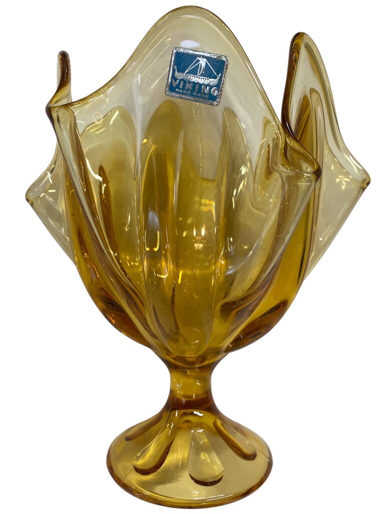 MCM Viking Epic 6 Petal Amber Glass Handkerchief Footed Compote