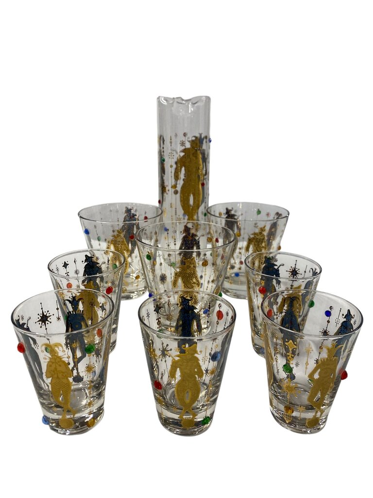 RARE MCM Culver 22K Gold 9 Piece Mardi Gras Harlequin Jeweled Decanter and Glass Set