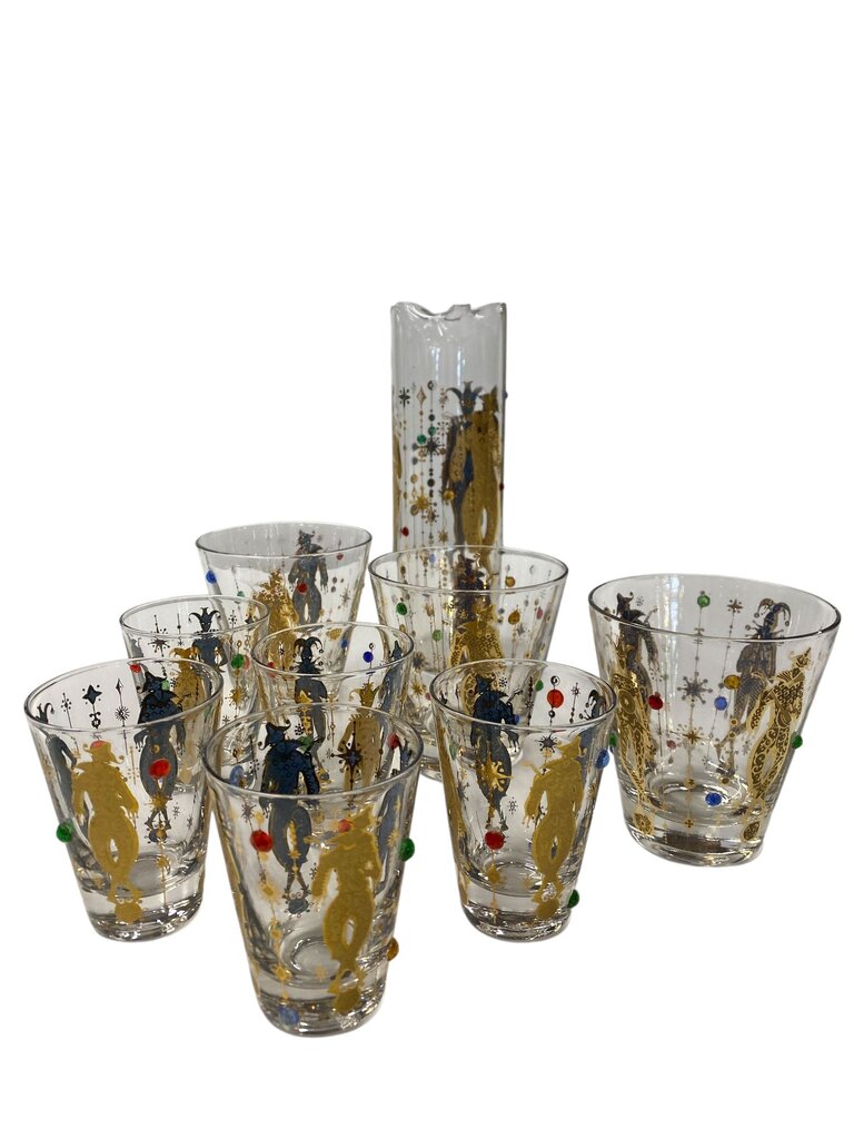 RARE MCM Culver 22K Gold 9 Piece Mardi Gras Harlequin Jeweled Decanter and Glass Set