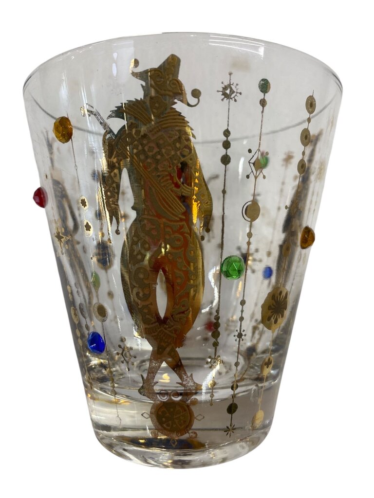 RARE MCM Culver 22K Gold 9 Piece Mardi Gras Harlequin Jeweled Decanter and Glass Set