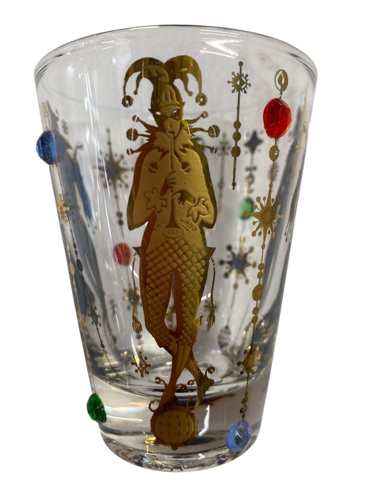 RARE MCM Culver 22K Gold 9 Piece Mardi Gras Harlequin Jeweled Decanter and Glass Set