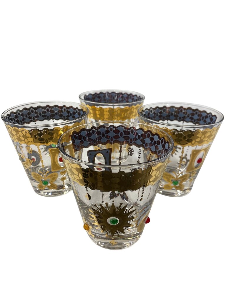 RARE MCM Culver 22K Gold and Jeweled Charm Bracelet Rock Glasses (Set of 4)
