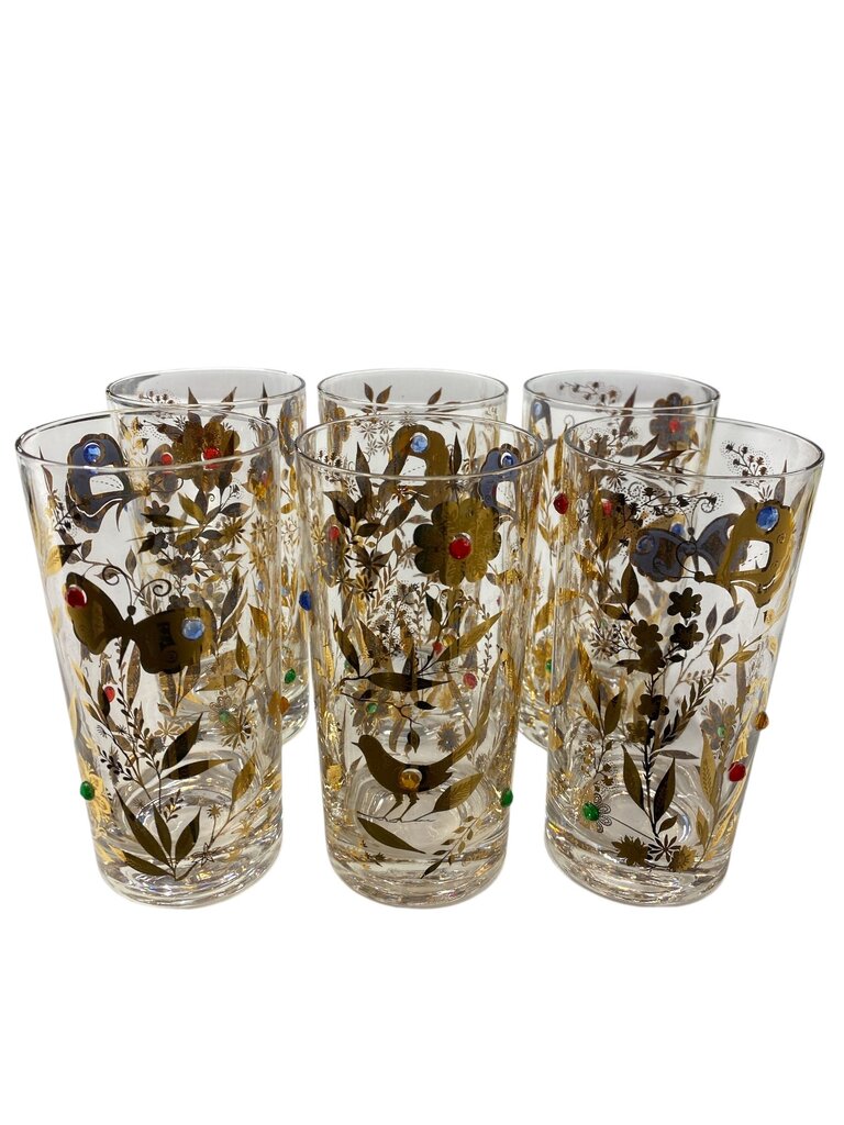 RARE MCM Culver 22K Gold and Jeweled Bird & Butterfly Highball Glasses (Set of 6)