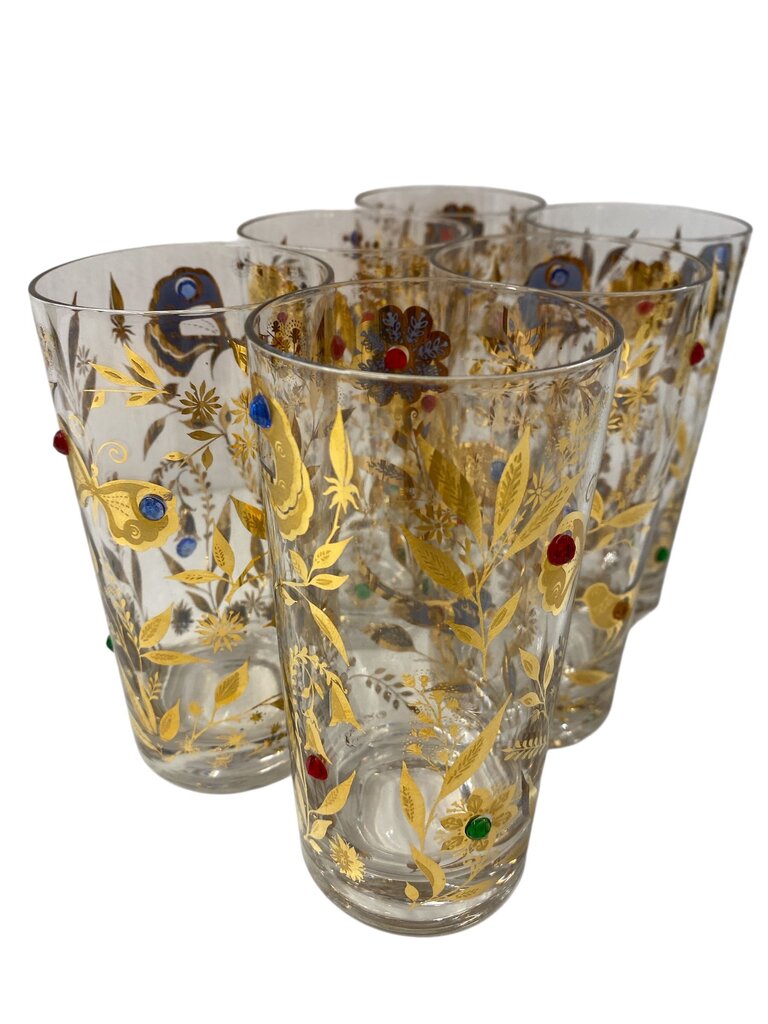 RARE MCM Culver 22K Gold and Jeweled Bird & Butterfly Highball Glasses (Set of 6)