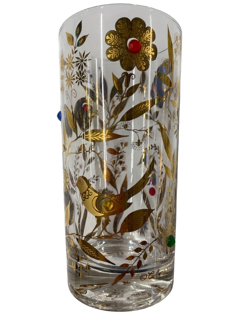 RARE MCM Culver 22K Gold and Jeweled Bird & Butterfly Highball Glasses (Set of 6)