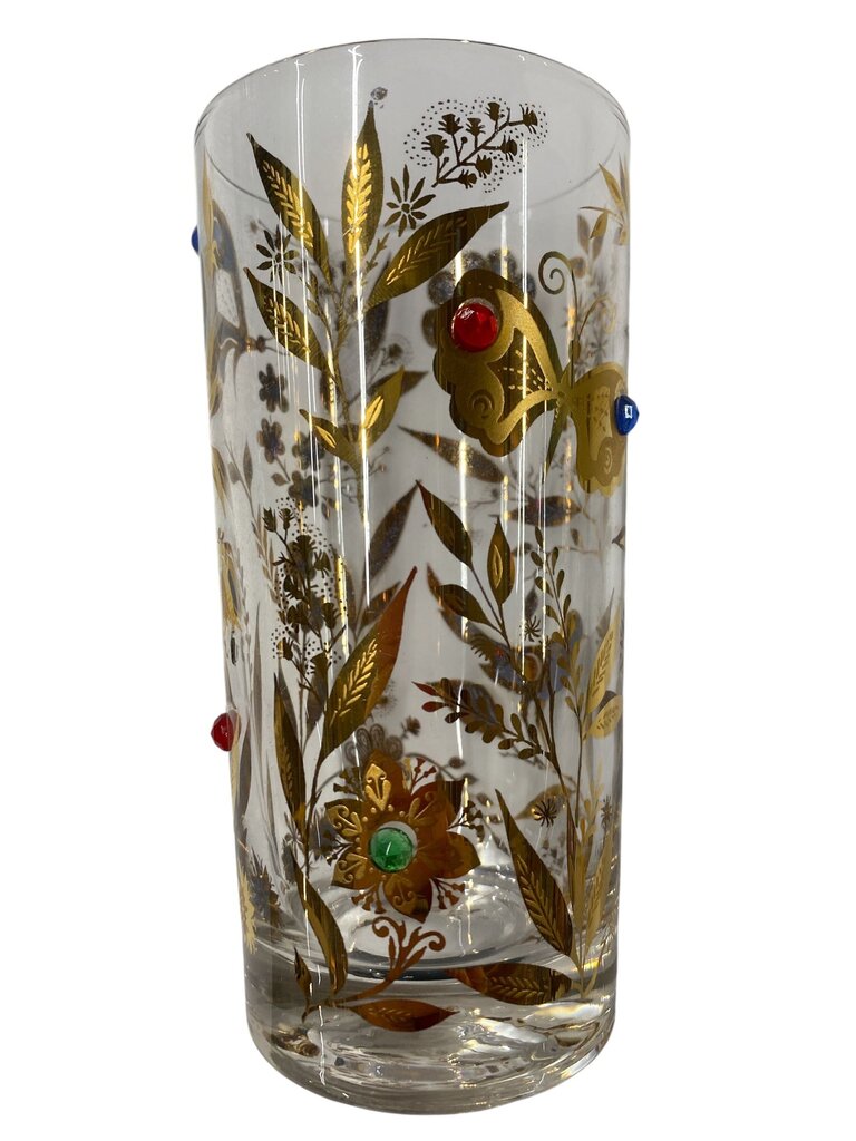 RARE MCM Culver 22K Gold and Jeweled Bird & Butterfly Highball Glasses (Set of 6)