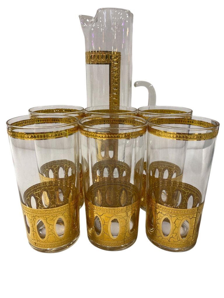 MCM Culver 22K Gold Antigua Decanter and Highball Glass Set (Set of 7)