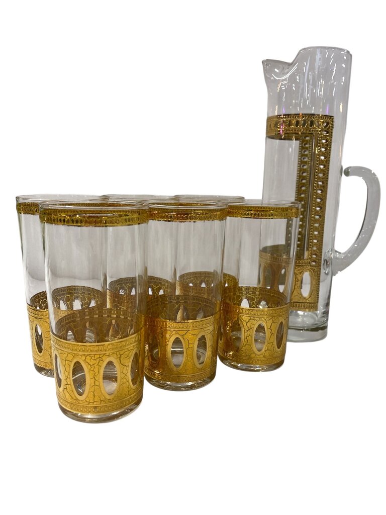 MCM Culver 22K Gold Antigua Decanter and Highball Glass Set (Set of 7)