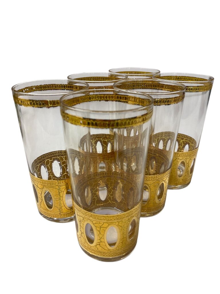 MCM Culver 22K Gold Antigua Decanter and Highball Glass Set (Set of 7)