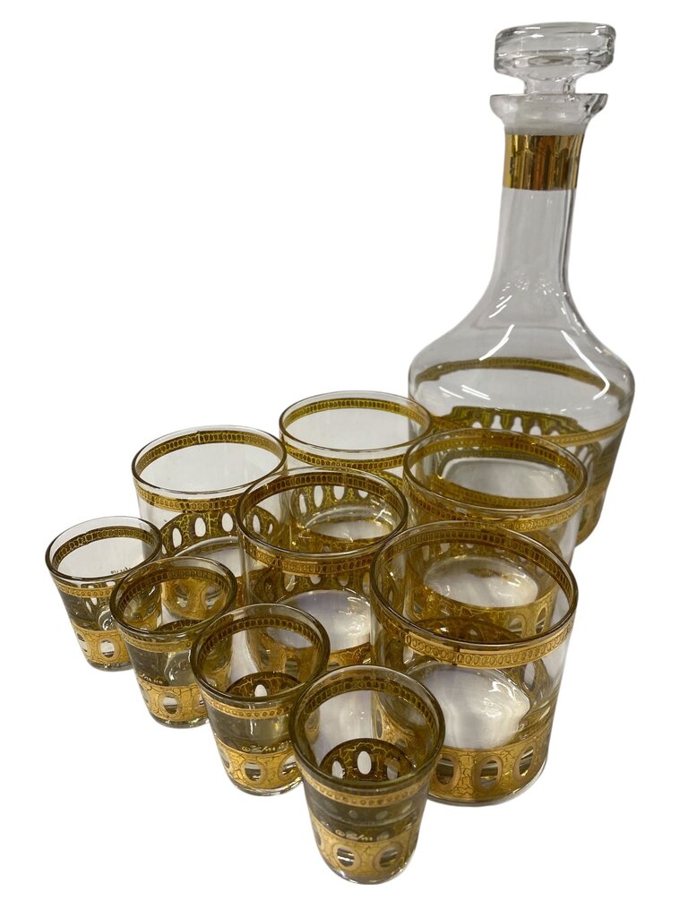 MCM Culver 22K Gold Antigua 10-piece Decanter, Lowball and Shot Glass Set (Set of 10)