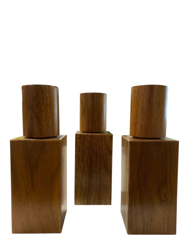 Triptych of 70's Cubist Wooden Cologne Bottles (Set of 3)