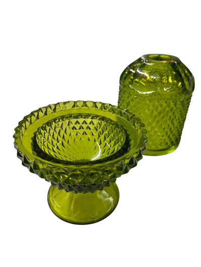 Vintage Viking Glass Diamond Point Green Fairy Tea Light Holder