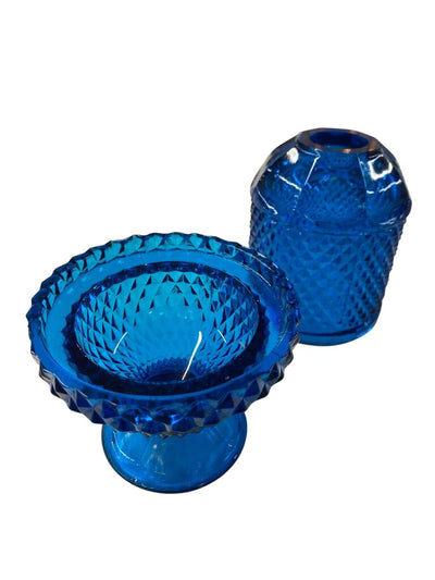 Vintage Viking Glass Diamond Point Blue Fairy Tea Light Holder