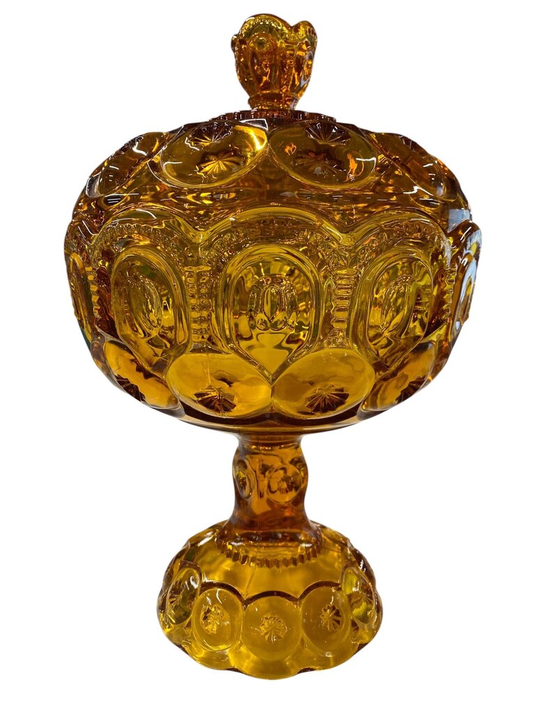 MCM L.E. Smith Amber Glass Moon and Stars 13" Pedestal Candy Dish with Lid