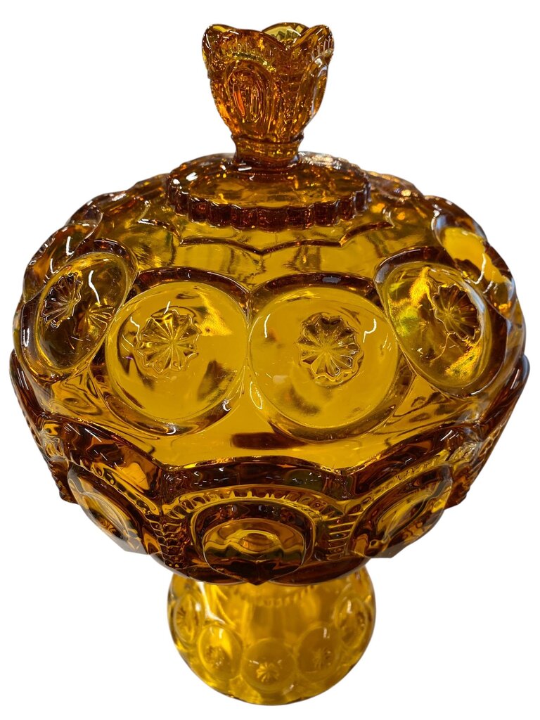 MCM L.E. Smith Amber Glass Moon and Stars 13" Pedestal Candy Dish with Lid