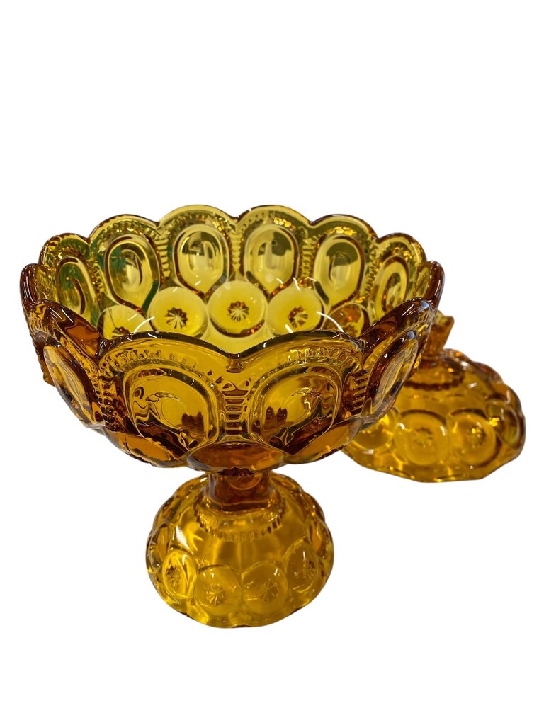 MCM L.E. Smith Amber Glass Moon and Stars 13" Pedestal Candy Dish with Lid