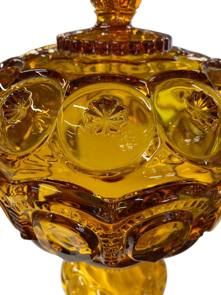 MCM L.E. Smith Amber Glass Moon and Stars 13" Pedestal Candy Dish with Lid
