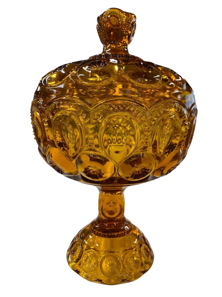 MCM L.E. Smith Amber Glass Moon and Stars 10" Pedestal Candy Dish with Lid