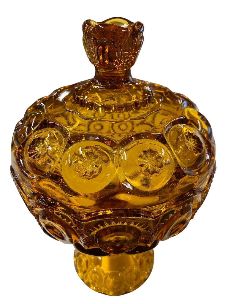 MCM L.E. Smith Amber Glass Moon and Stars 10" Pedestal Candy Dish with Lid