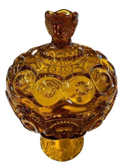 MCM L.E. Smith Amber Glass Moon and Stars 10" Pedestal Candy Dish with Lid