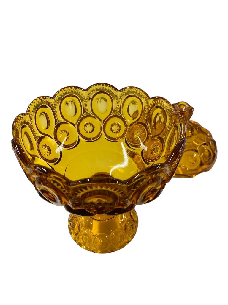 MCM L.E. Smith Amber Glass Moon and Stars 10" Pedestal Candy Dish with Lid