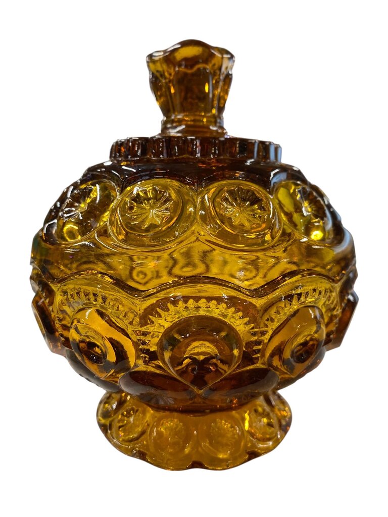 MCM L.E. Smith Amber Glass Moon and Stars 5.75" Pedestal Candy Dish with Lid