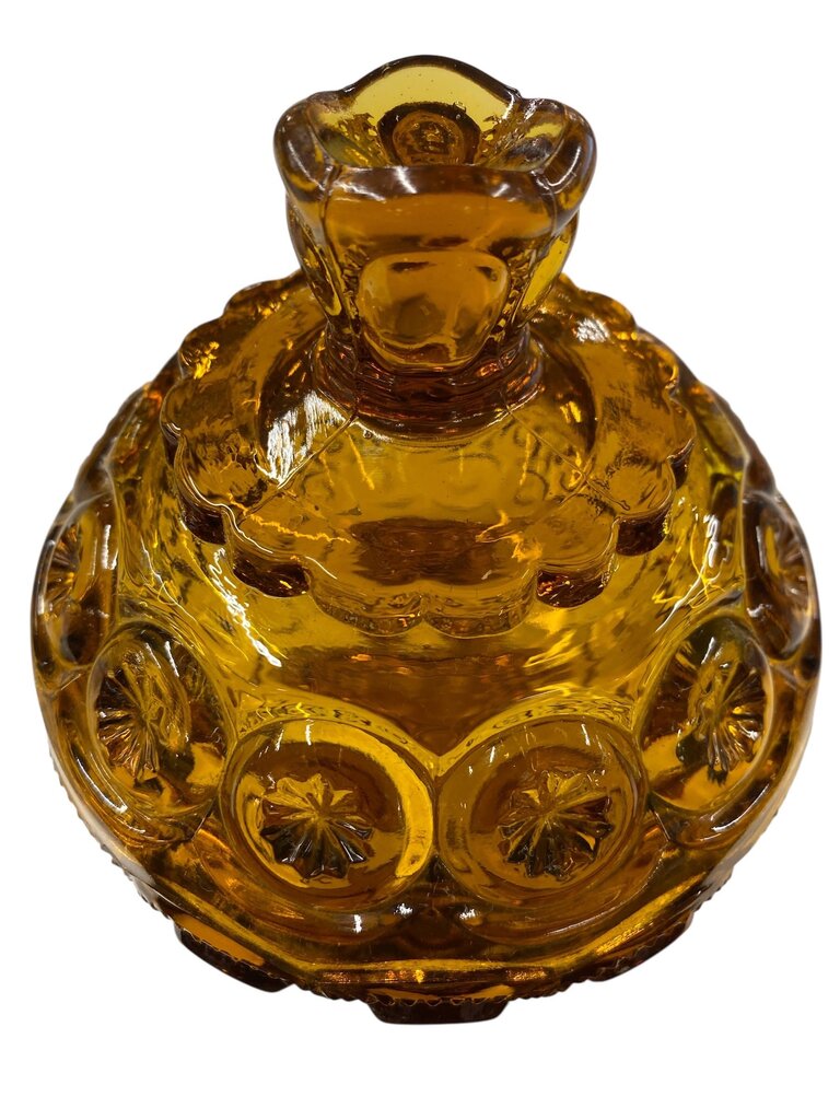 MCM L.E. Smith Amber Glass Moon and Stars 5.75" Pedestal Candy Dish with Lid