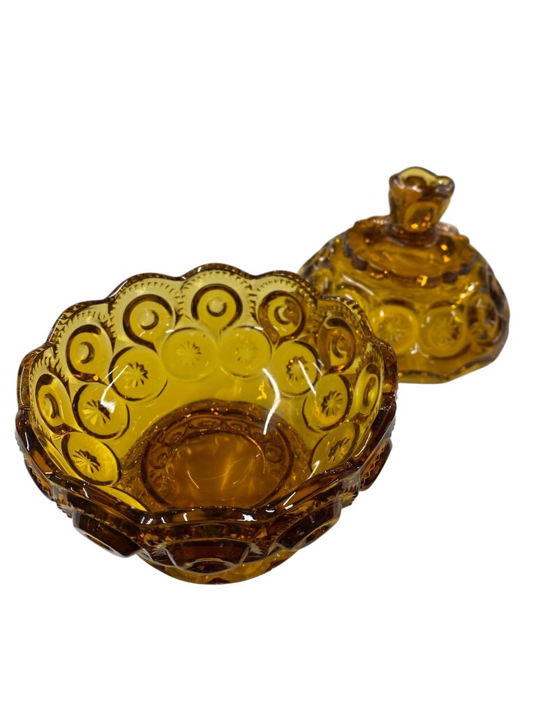 MCM L.E. Smith Amber Glass Moon and Stars 5.75" Pedestal Candy Dish with Lid