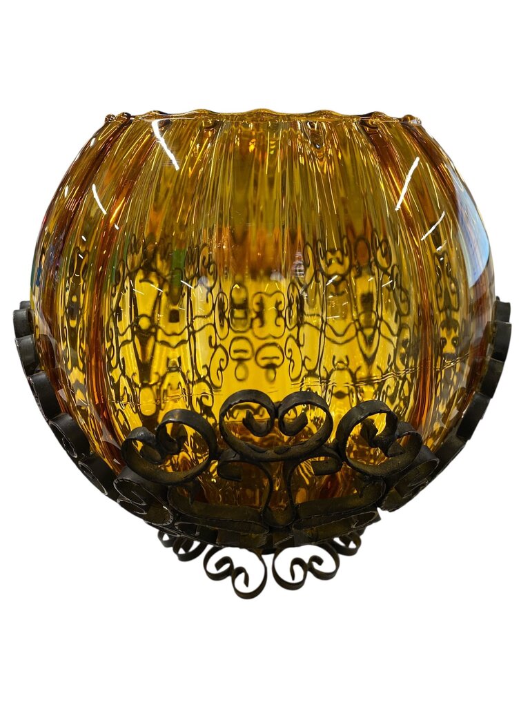 MCM Empoli Art Glass and Iron Scroll Pedestal Bowl
