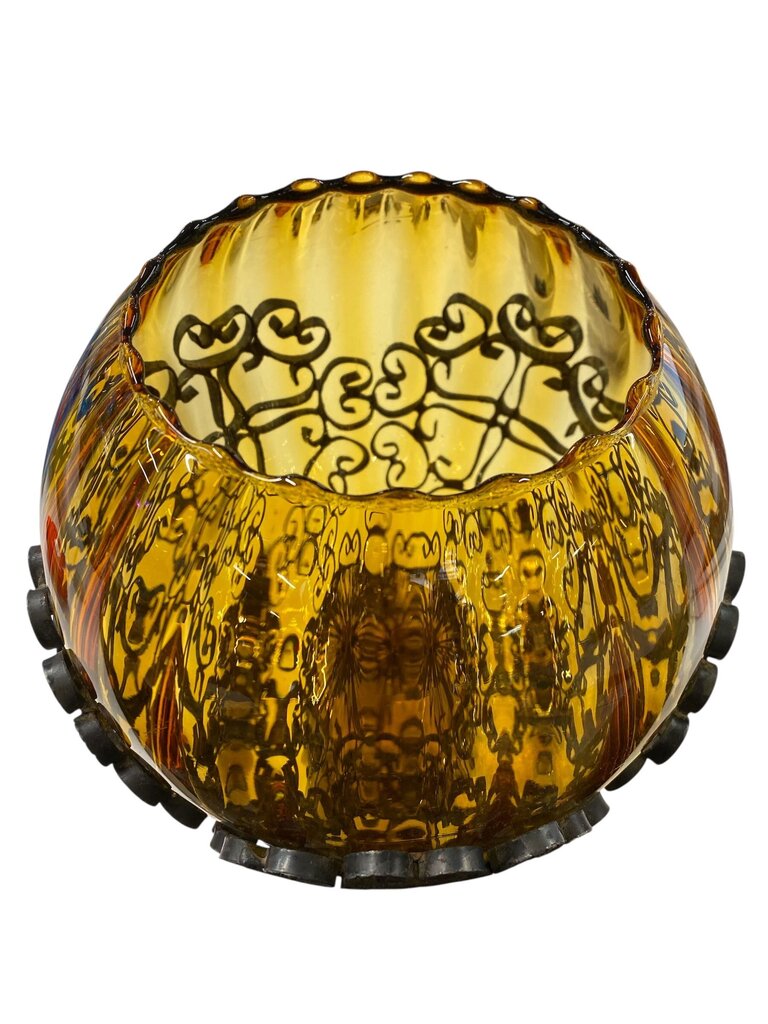 MCM Empoli Art Glass and Iron Scroll Pedestal Bowl