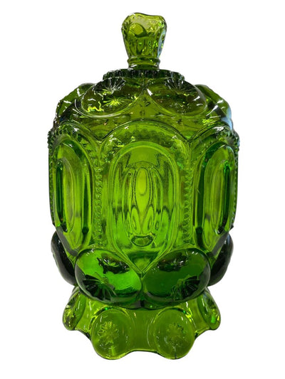 MCM L.E. Smith Green Glass Moon and Stars 7.5" Pedestal Candy Dish with Lid