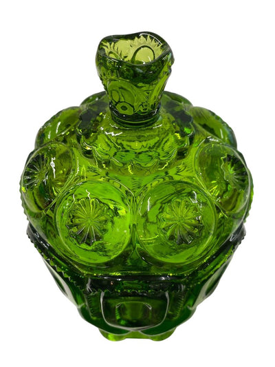 MCM L.E. Smith Green Glass Moon and Stars 7.5" Pedestal Candy Dish with Lid