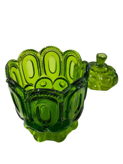 MCM L.E. Smith Green Glass Moon and Stars 7.5" Pedestal Candy Dish with Lid