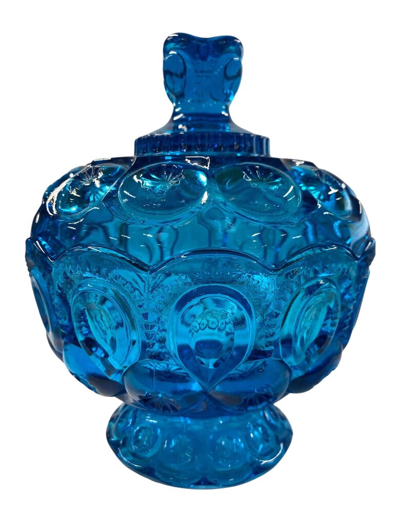 MCM L.E. Smith Blue Glass Moon and Stars 8" Pedestal Candy Dish with Lid