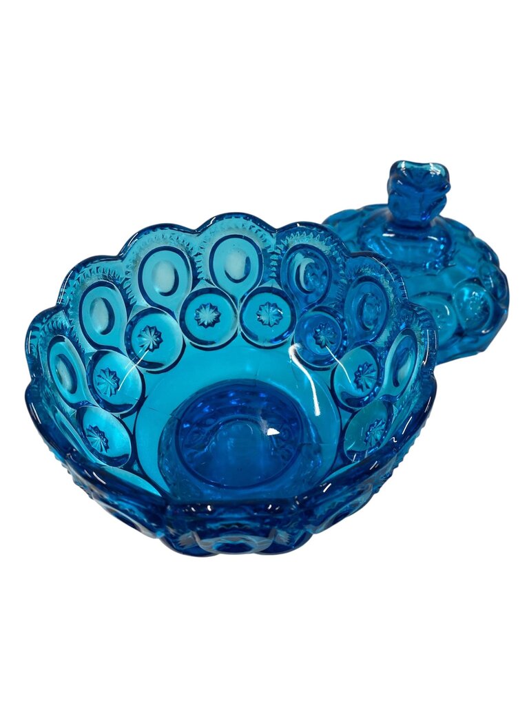 MCM L.E. Smith Blue Glass Moon and Stars 8" Pedestal Candy Dish with Lid