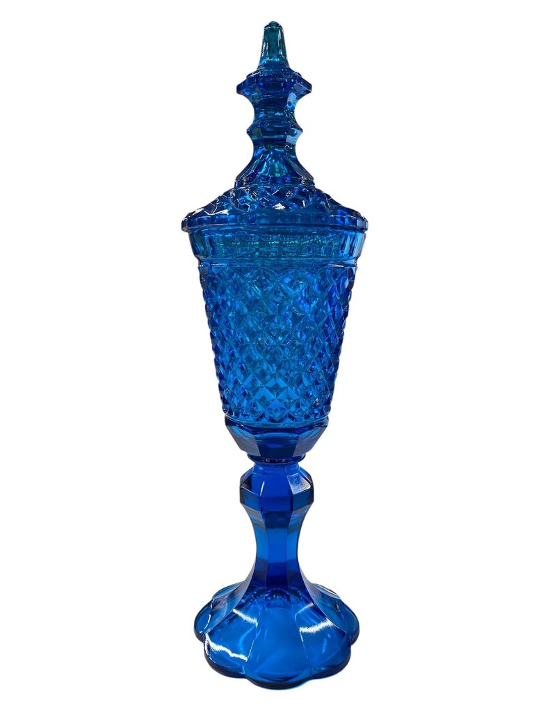 MCM L.E. Smith Diamond Pattern Blue Glass Footed Urn with Lid