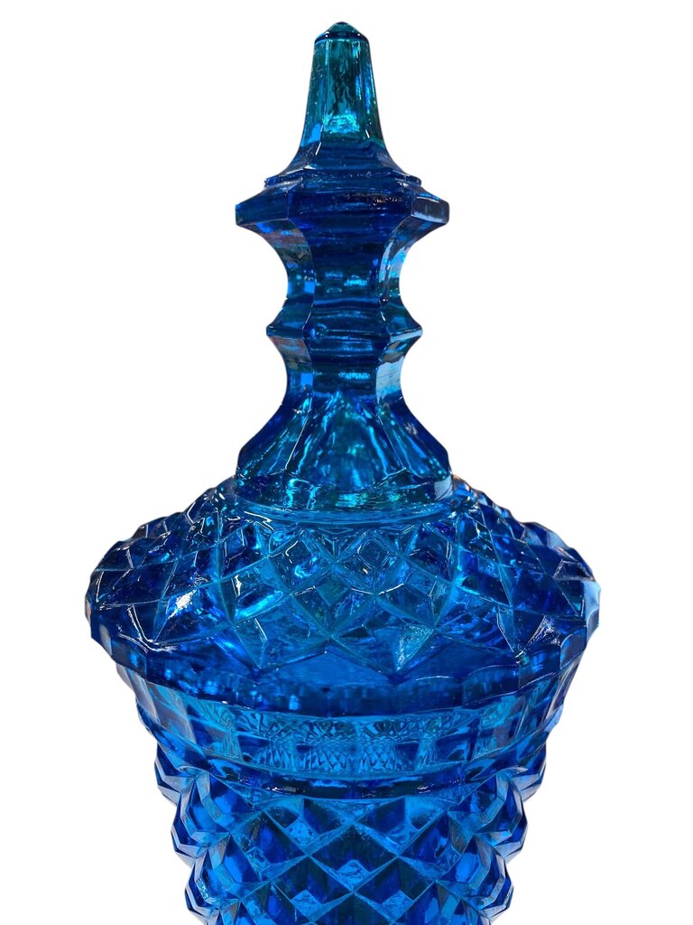 MCM L.E. Smith Diamond Pattern Blue Glass Footed Urn with Lid