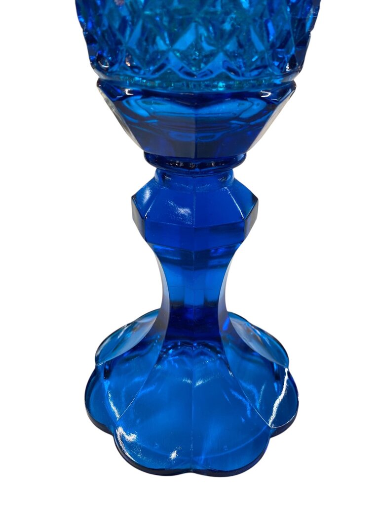 MCM L.E. Smith Diamond Pattern Blue Glass Footed Urn with Lid
