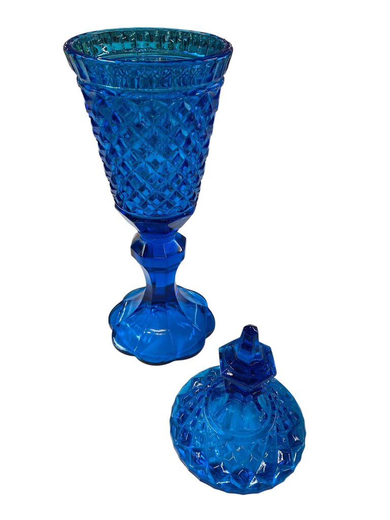 MCM L.E. Smith Diamond Pattern Blue Glass Footed Urn with Lid