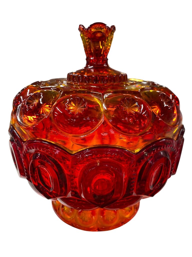 MCM L.E. Smith Amberina Glass Moon and Stars Covered Compote