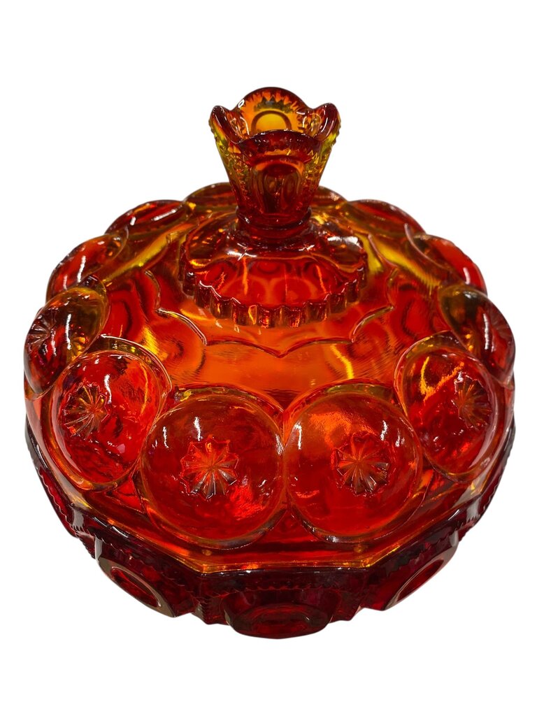 MCM L.E. Smith Amberina Glass Moon and Stars Covered Compote