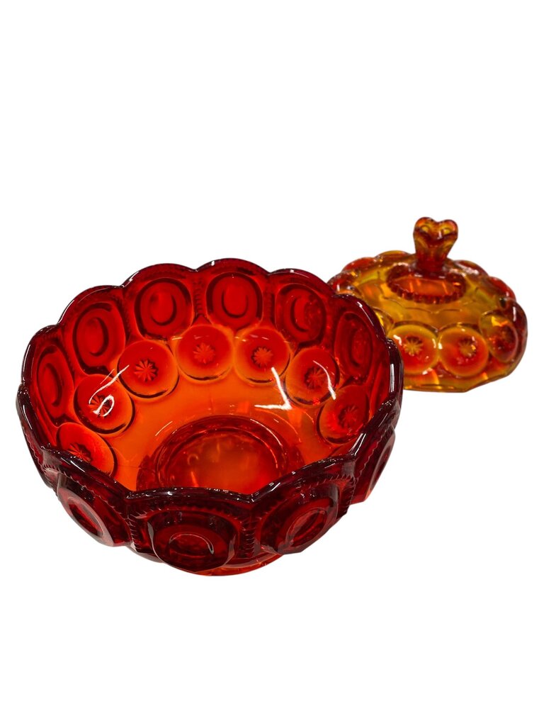 MCM L.E. Smith Amberina Glass Moon and Stars Covered Compote