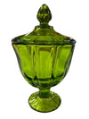 MCM 1960's L.E. Smith Avocado Green Glass Pedestal Candy Dish with Lid