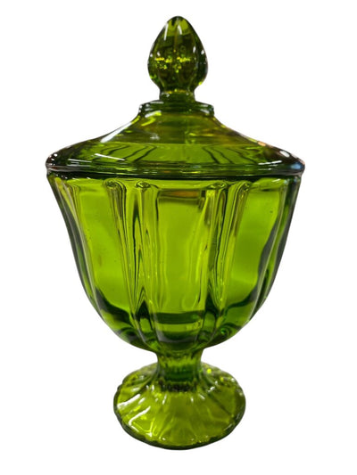 MCM 1960's L.E. Smith Avocado Green Glass Pedestal Candy Dish with Lid
