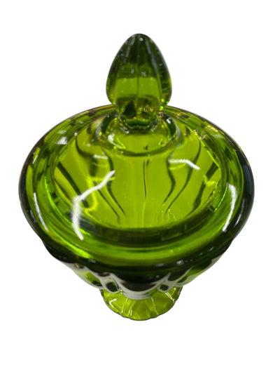 MCM 1960's L.E. Smith Avocado Green Glass Pedestal Candy Dish with Lid