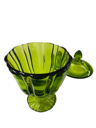MCM 1960's L.E. Smith Avocado Green Glass Pedestal Candy Dish with Lid