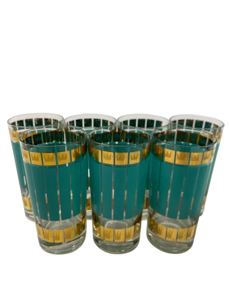 MCM Signed Fred Press Aqua & 22K Gold Crown Tumblers (Set of 7)