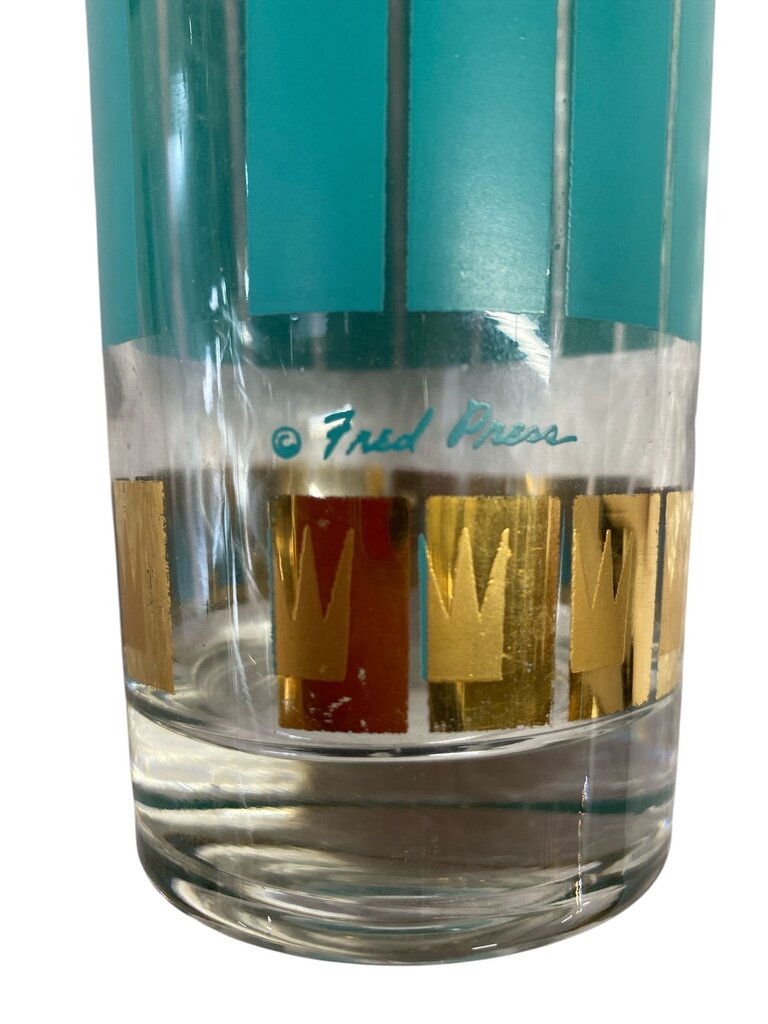 MCM Signed Fred Press Aqua & 22K Gold Crown Tumblers (Set of 7)