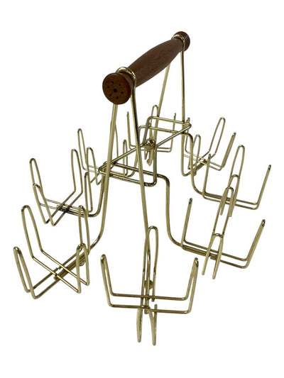 Vintage MCM Brass Cocktail Glass Caddy with Walnut Handle